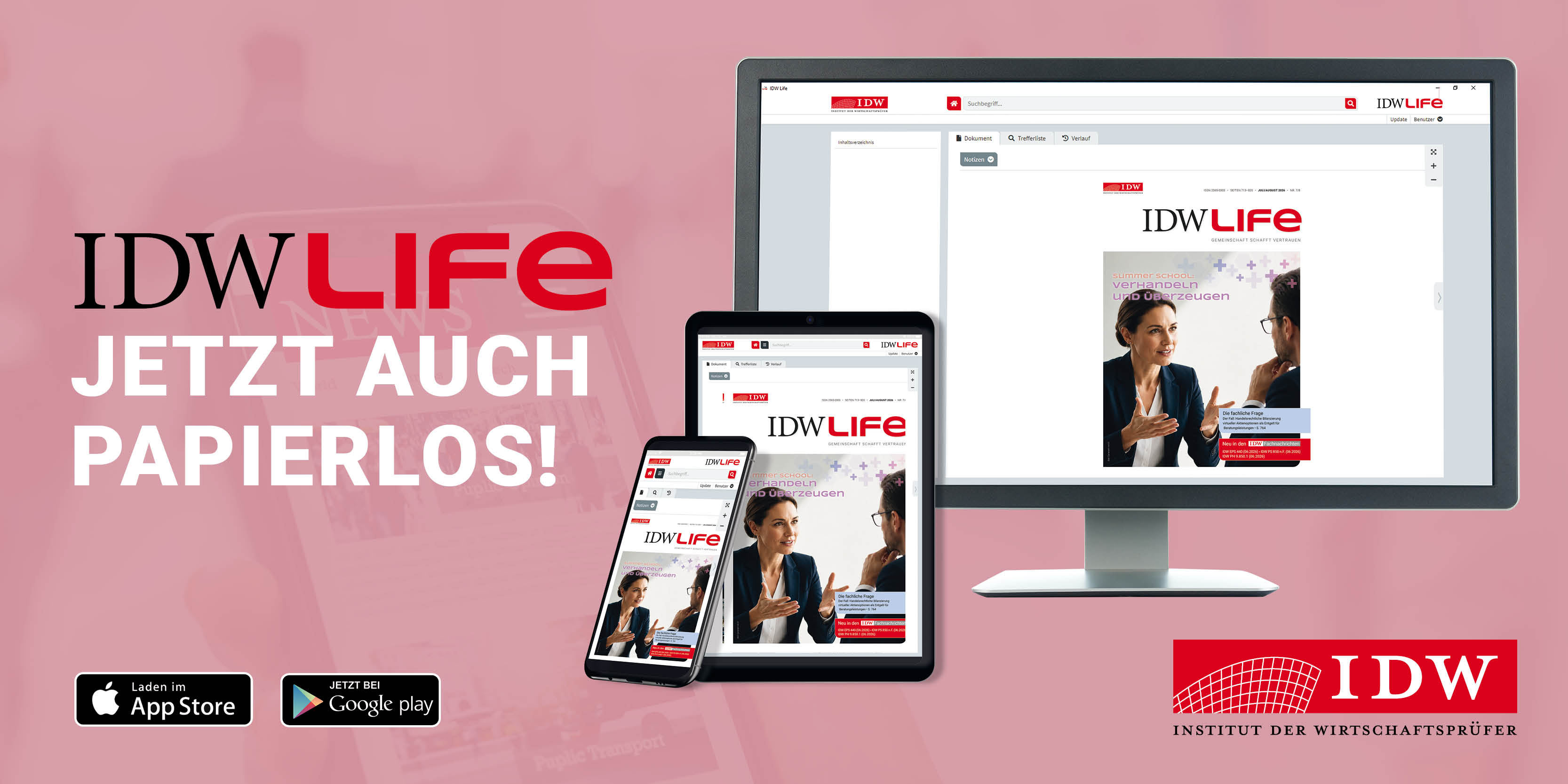 Das Deckblatt der IDW Life auf Desktop und Mobiltelefon