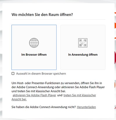 Wo möchten Sie den Raum öffnen? Im Browser / in Anwendung öffnen